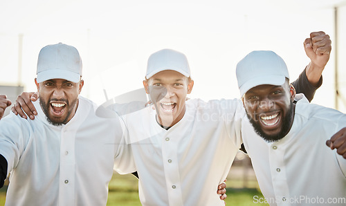 Image of Men, portrait or winner success on baseball field, games or match victory for diversity fitness, exercise or training achievement. Smile, happy or cheering softball players in excited teamwork sports