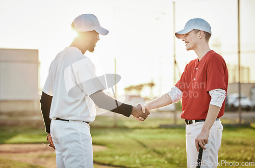 Image of Men, handshake or baseball player on field, sports or stadium grass in good luck, welcome or thank you. Smile, happy or athletes shaking hands in game, softball fitness or exercise for winner success