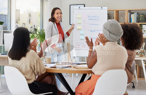 Image of Business meeting, woman speaker and applause from women employee group from analysis presentation. Whiteboard, happy worker and cheering staff from collaboration and teamwork of working team