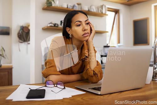 Image of Woman is tired, bored and remote work with laptop, burnout and overworked with employee with brain fog. Working from home, freelancer and fatigue, connectivity and problem with professional female