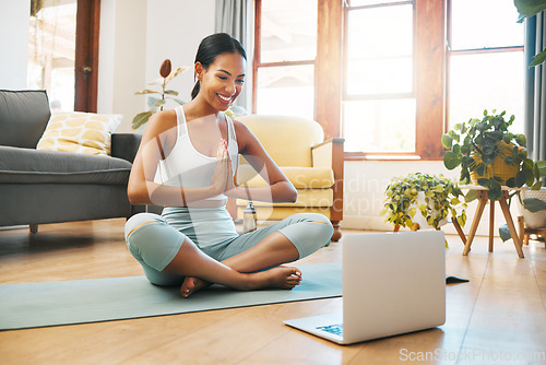 Image of Yoga, meditation and namaste of woman on laptop online class, video call or webinar in holistic fitness or wellness. Biracial person meditate, praying hands and pilates exercise at home on computer