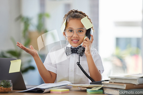 Image of Portrait, confused and girl as a business person, telephone and stress in workplace. Face, young female child and kid with phone, make believe and overworked with deadline, burnout and schedule