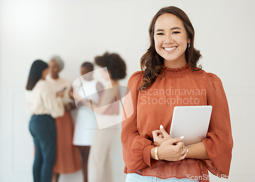 Image of Business woman, portrait and tablet with a smile for management, internet and network. Asian female entrepreneur with mobile device for social media communication, leadership report or online search