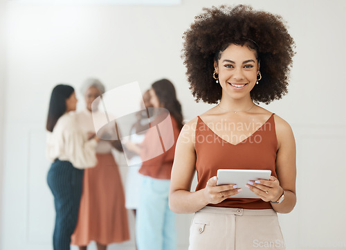 Image of Tablet, portrait and business woman with a smile for communication, internet and network connection. Black female leader working on mobile touch screen for social media, leadership report or search