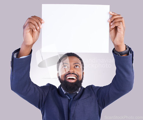 Image of Business, excited man and poster in white background, studio or mockup space. Happy corporate, black male and holding board, marketing wow news and advertising banner for blank mock up, paper or sign