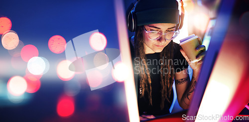 Image of Night, light or woman hacker in dark room coding, phishing or researching blockchain technology mockup. Bokeh, programmer or girl hacking online in digital cybersecurity on a website drinking coffee