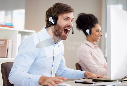 Image of Customer service computer, surprise and man shocked over telemarketing news, announcement or web feedback. Call center wow, online consulting insight and screaming information technology consultant