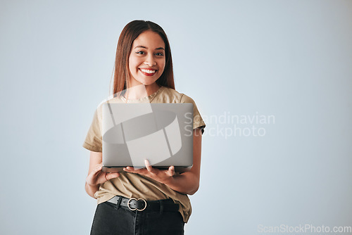 Image of Portrait, smile and woman with laptop in studio isolated on a white background mockup. Social media, computer and happiness of person with pc for online browsing, web scrolling or typing on backdrop.