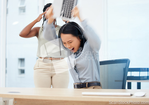 Image of Angry, keyboard break and telemarketing woman with anger issues and mental health breakdown. Crm, Asian female and crazy frustrated call center worker with burnout and stress from computer glitch