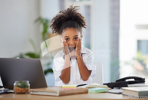 Image of Surprised, business and portrait of child in office for corporate, playing and comic. Shocked, laptop and professional with young girl screaming at desk for modern, executive and formal in workplace