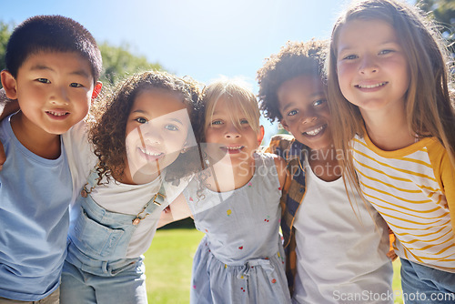 Image of Happy, smile and portrait of kids in a park playing together outdoor in nature with friendship. Happiness, diversity and children friends standing, embracing and bonding in a outside green garden.