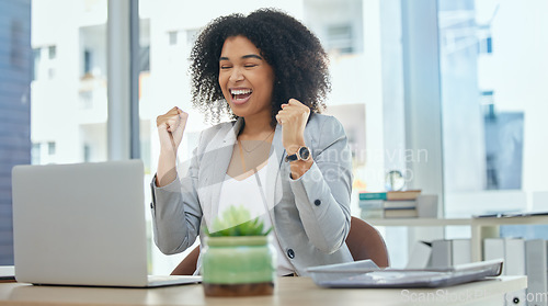 Image of Business woman, laptop or success fist in financial growth, achievement or investment budget target. Smile, happy or winner corporate worker and technology, cheering hands or profit bonus celebration