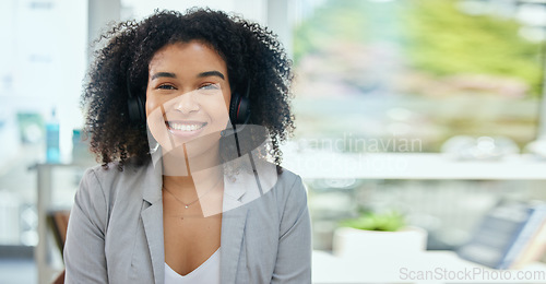 Image of Happy woman, portrait or headset in call center, customer support or CRM consulting in contact us or telemarketing office. Smile, business or receptionist on headset for communication, help or advice