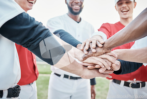 Image of Hands, baseball motivation or men in huddle with support, hope or faith on baseball field in game together. Men with teamwork, zoom or group of softball athletes planning goals or sports mission