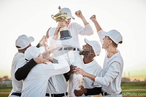 Image of Baseball player, trophy and men winning competition, game or sports goals, success and victory award. Happy group of people or winner celebration, fist pump and achievement congratulations together