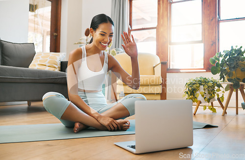 Image of Yoga, video call or happy woman on laptop online class, video call or webinar in holistic fitness or wellness. Wave, smile or girl in pilates class to start exercise or workout at home on computer