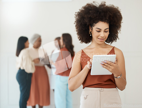 Image of Black woman, tablet and business leader typing email for communication, internet and network connection. Happy female entrepreneur working on mobile app for social media, leadership report or search