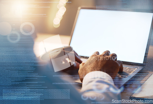 Image of Report, chart and laptop with hands of black man in office for overlay, planning and data graphics mockup. Research, planning and business with male typing for internet, strategy and technology