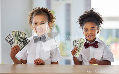 Image of Business, school and children in office with cash, smile and education in money management or budget planning. Portrait of girls, accounting and investing in future finance with happy corporate kids