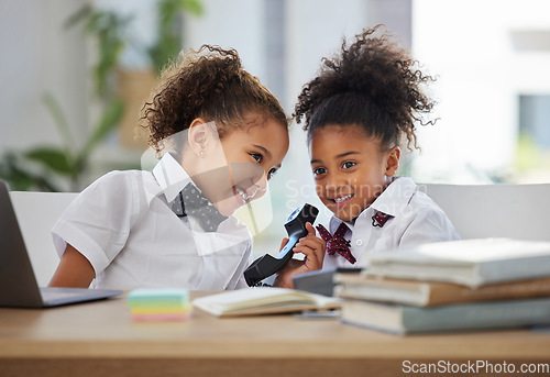 Image of Listening, happy and girls playing business people with a telephone and answering a phone call. Smile, playful and little children pretending to be employees with a landline at home for play