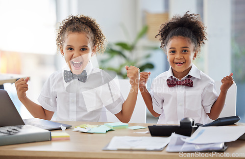 Image of Business, portrait and celebration with children friends playing fantasy together in an office. Kids, wow and make believe with girl sisters having fun using their imagination for pretend work