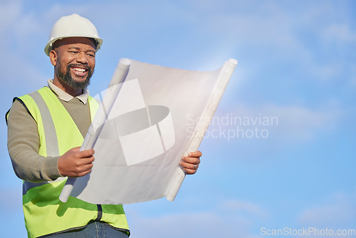 Image of Mockup, black man and architect with blueprints, outdoor and construction for real estate, document and planning. African American male manager, inspector or leader with smile, engineer or contractor