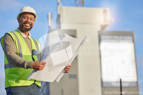 Image of Portrait, black man and engineer with blueprints, outdoor and innovation for construction site, building and smile. Face, African male employee and architect with document, paperwork and contractor