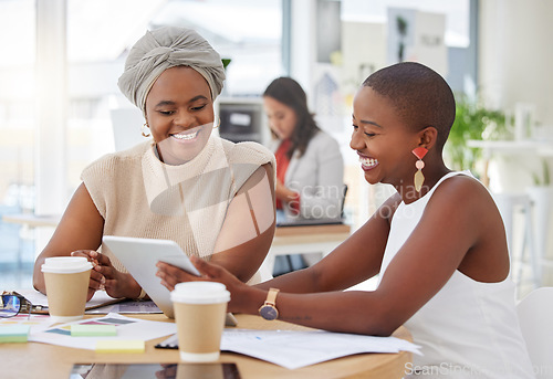 Image of Team, black women with tablet and meeting, collaboration and communication on web design project. Digital agency, happy with teamwork and female employees working together, planning and technology