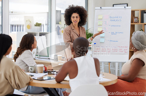 Image of Business presentation, woman speaker and planning from women employee group with analysis. Whiteboard, worker meeting and management staff with report collaboration and teamwork of working team