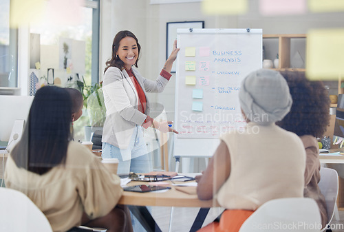 Image of Corporate presentation, woman speaker and planning women with employee group from business analysis. Whiteboard, happy worker and sales logistics staff from collaboration and teamwork of team