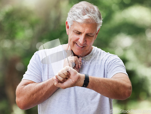 Image of Senior man, watch and pulse outdoor for a exercise, workout and training on road for fitness. Elderly male person with hand on neck for cardio progress or health and wellness while running in summer