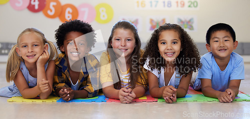 Image of Education, portrait or happy kids in classroom learning or studying in preschool together with support. Children development, diversity or students with growth mindset for knowledge in kindergarten