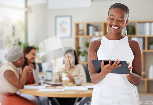 Image of Black woman, business and tablet, leadership and technology, presentation and speaker with team leader. Happy female, check digital device in meeting with professional mindset and internet search