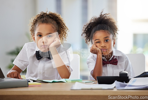 Image of Bored, children and portrait with pretend office work thinking together feeling tired. Job, kids and girl friends playing dress up as working executive team at desk with paperwork and burnout