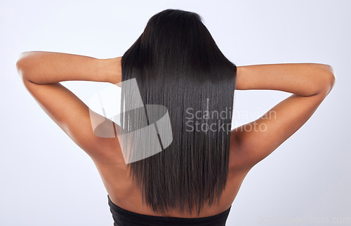 Image of Woman, hair care or back in studio or salon for keratin growth, healthy natural shine or wellness. Girl model, straight hairstyle or beauty cosmetics in grooming isolated on white background mockup
