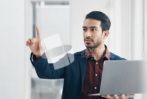 Image of Virtual, laptop and interactive man pointing at architecture engineering design, cyber UI schematic or blueprint digital transformation. AI screen, IOT dashboard and male architect remodeling office