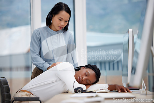 Image of Wake up, overworked and sleeping with black woman in call center office for exhausted, burnout and stress. Customer support, contact us and consulting with female for rest, mental health and problem