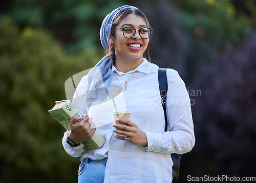 Image of Thinking, book and happy woman at park, university campus or distance learning, outdoor education and studying. Gen z muslim, islamic or arabic student with school ideas, research or college reading