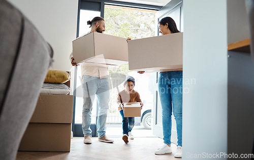 Image of Family moving, new house and box with property, happy people and child with real estate and home owner. Excited kid, mortgage and relocation parents walking in front door with apartment move boxes