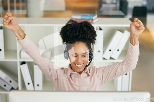 Image of Call center, success and business woman with happiness from a telemarketing achievement. Crm, contact us and computer notification of job promotion email with celebration in a customer support office