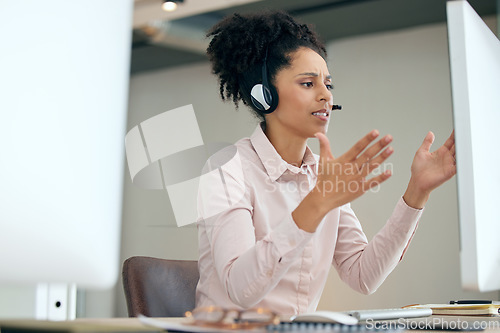 Image of Call center woman, explaining and hands by computer with frustrated face for crm, customer service and sales. Consultant, agent or tech support expert with discussion, help desk and voip at agency