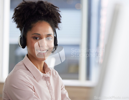 Image of Customer support, smile and portrait of woman at call center for b2b connection, contact us and crm consulting. Telemarketing, communication and happy female worker for service, agency and help desk