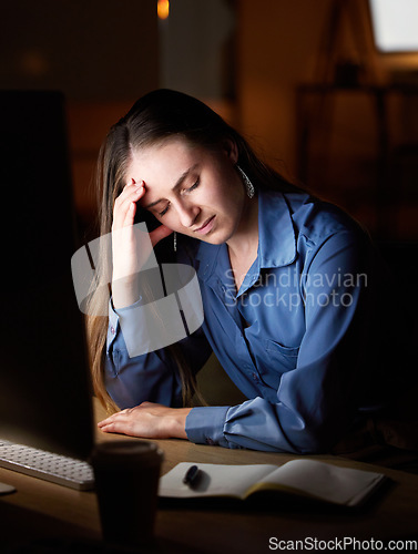 Image of Business woman, headache and fatigue with burnout and working night, stress migraine and mental health. Female employee at desk, overtime and tired, overworked and exhausted, depression and brain fog