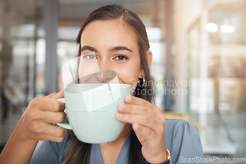 Image of Coffee drink, face portrait and woman drinking hot chocolate, tea cup or relax morning beverage for hydration wellness. Caffeine, female business manager or corporate office person with espresso mug