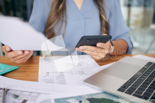 Image of Architecture plans, laptop and phone of woman working on real estate and construction plan. Engineering, building industry and property development strategy with a female planning on a mobile