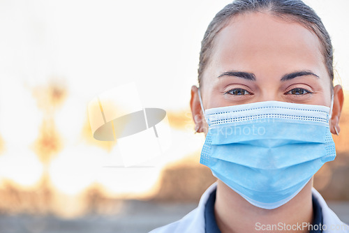 Image of Covid mask, doctor and woman portrait outdoor for medical and health insurance mockup. Face of healthcare worker and ppe for safety policy, compliance or corona virus protection for wellness and help