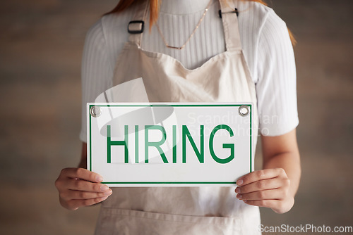 Image of Woman, hands and hiring sign for small business recruitment, career or job opportunity against a studio background. Hand of female entrepreneur with apron holding billboard, label or poster for hire