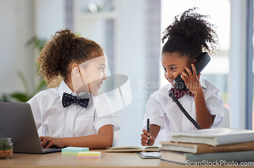 Image of Happy, talking and girls playing as business people in an office, pretending and acting like employees. Smile, together and little children with a laptop and on a phone call for pretend play