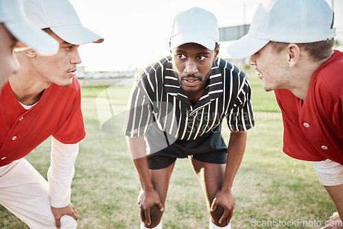 Image of Teamwork, baseball coach or men planning with motivation, hope or faith in training match or sports game. Softball huddle, fitness or leadership with athlete group ready for mission goals on field