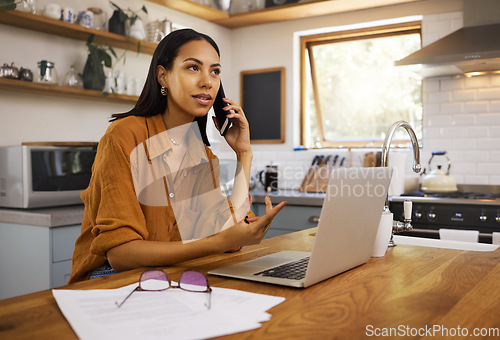 Image of Woman, phone call and remote work with laptop, communication and paperwork with technology. Female freelance employee talking, working from home with networking or telemarketing, sales and telecom